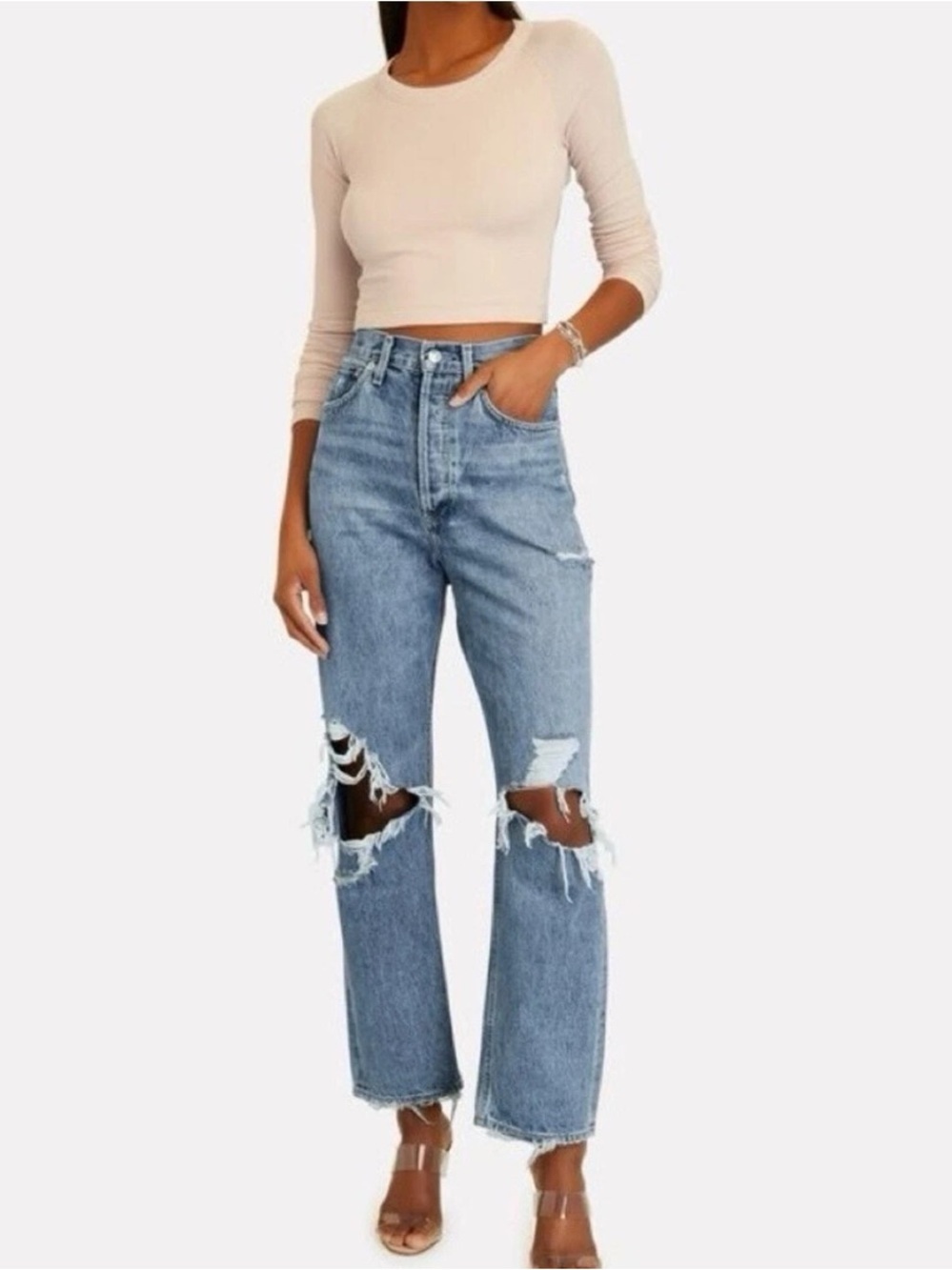 Agolde 90's Pinch Waist Jeans 25 Destroyed Distressed Raw Hem